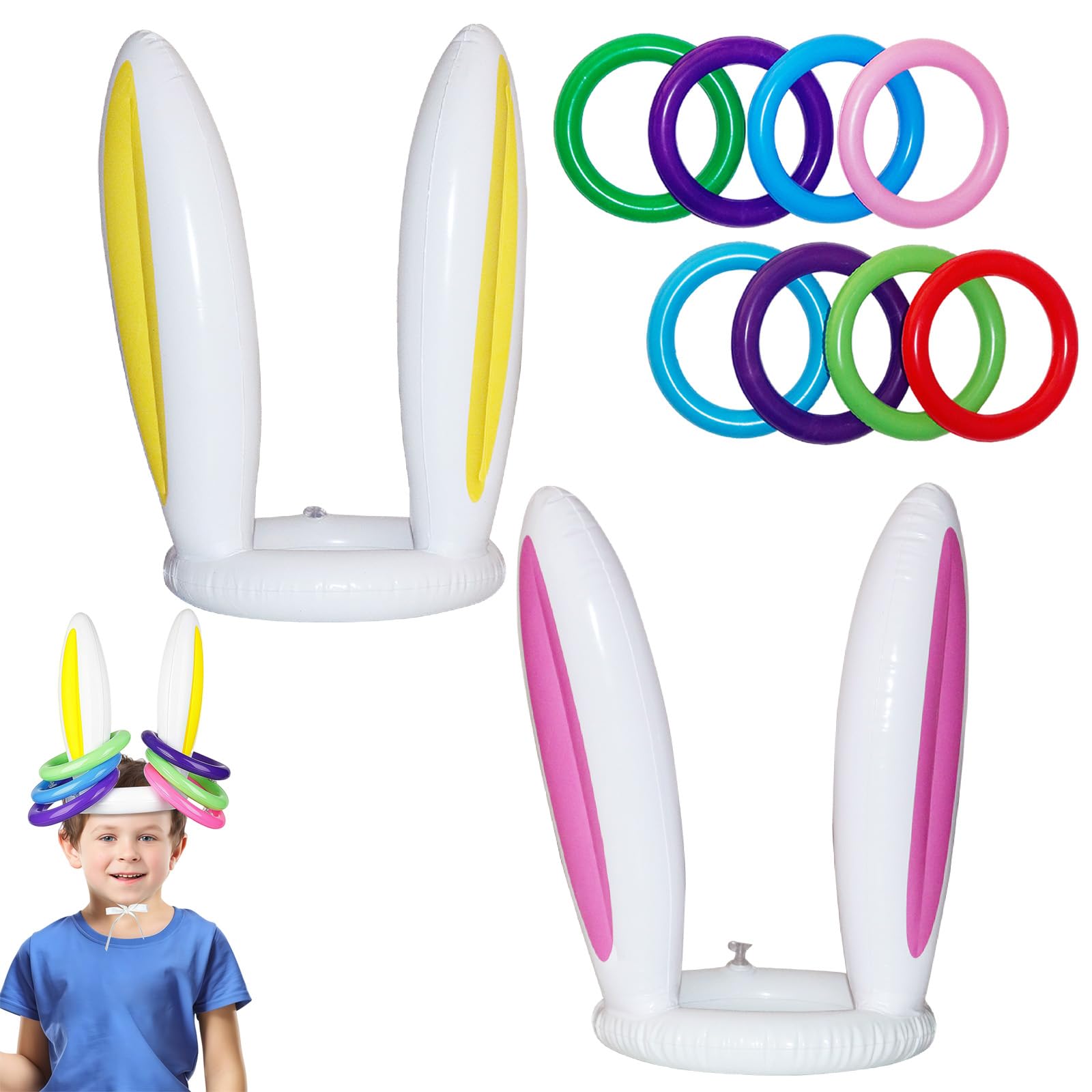 10pcs Easter Ring Toss Game Inflatable Bunny Ears Hat Rings Toss Toys for Kids,Adults,Easter Party Games Target Toy,Easter Rabbit Toss Game Props for Indoor Outdoor Family Fun Game Easter Party Favors