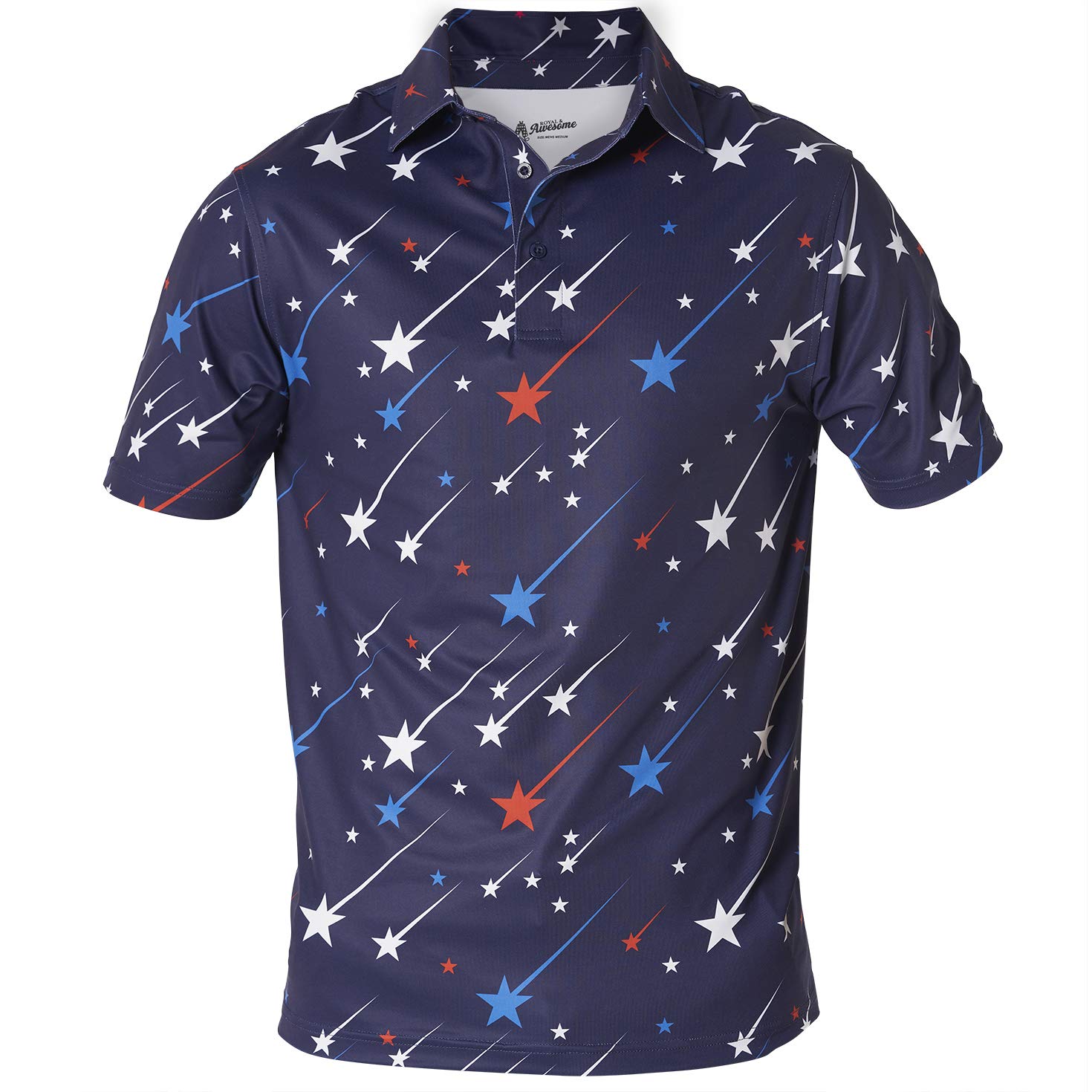 Royal & Awesome Funny Mens Shooting Stars Golf Polo Shirt, Crazy Colourful Patterned Golf Top for Men, Stretch Fit, XX-Large