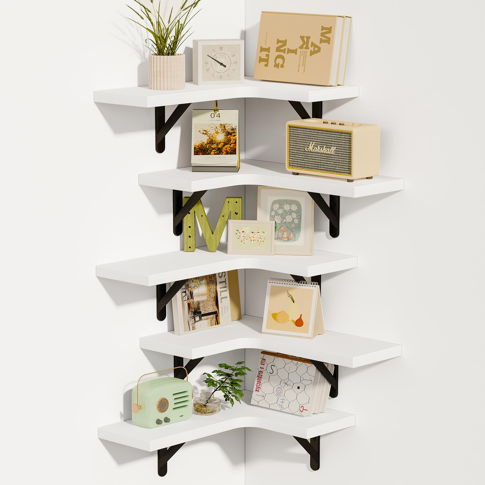 Fixwal Corner Floating Shelves Set of 5, Rustic Wood Wall Mounted Corner Shelf for Bathroom, Kitchen, Bedroom, Home Decor, Laundry Room, Living Room (White)