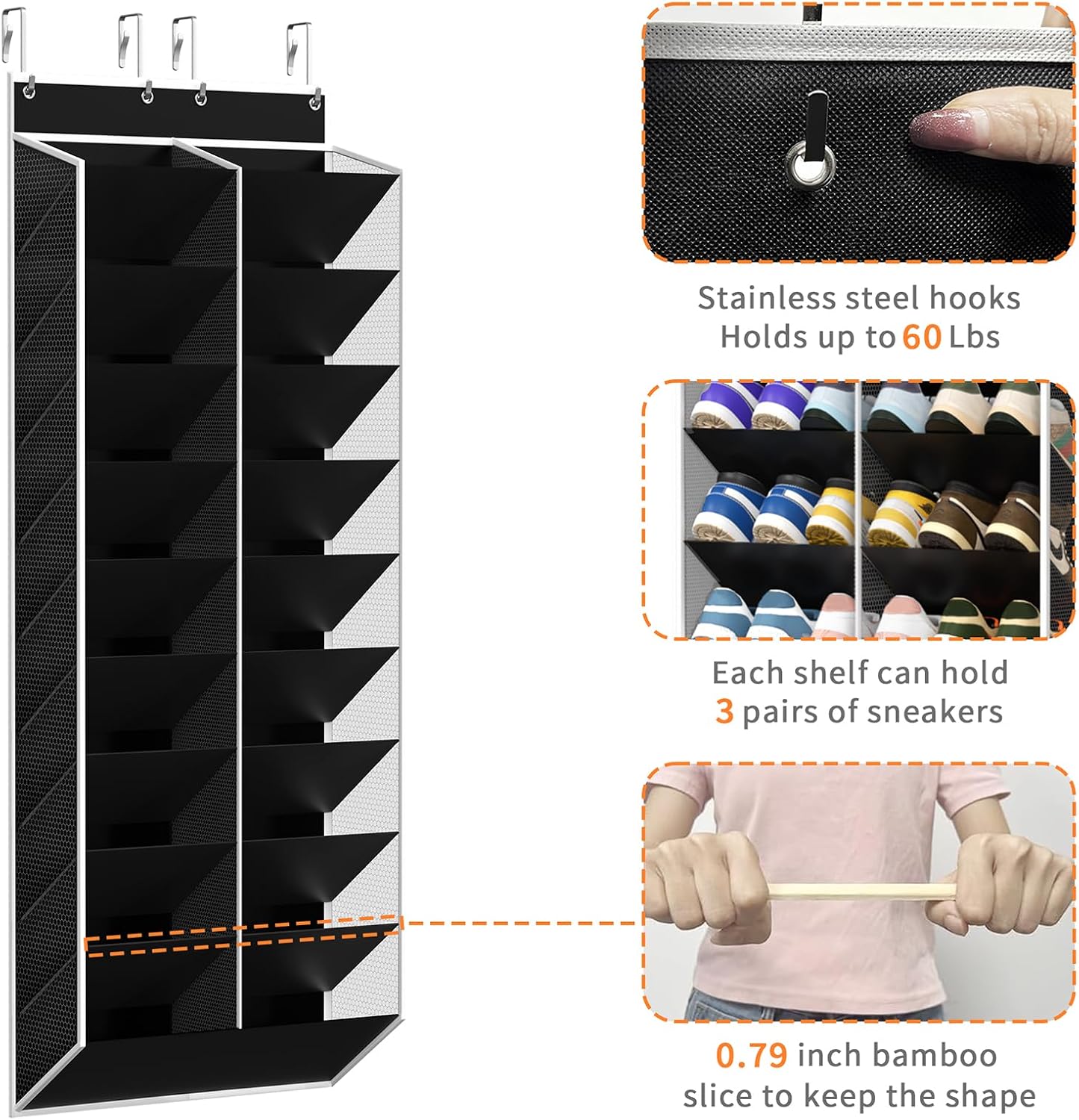 KEEPJOY 20-30 Pairs Over the Door Shoe Organizer, Mesh Hanging Shoe Rack for Door Storage with 20 Wide Deep Pockets,10-Tier Black Door Shoe Holder Fits Sneakers, Boots. image 5