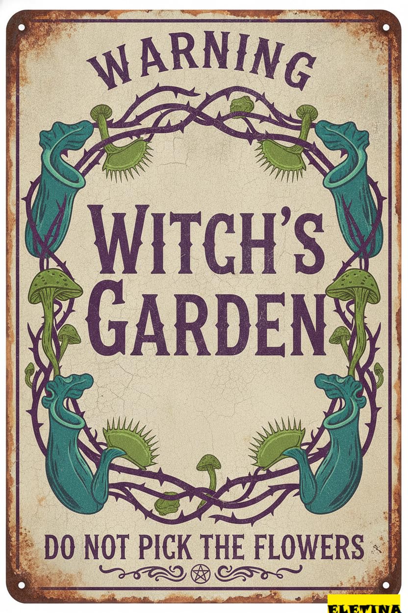 Witch's Garden Warning Rustic Farmhouse Vintage Tin Sign Gardening Gift Women Home Patio Yard 8x12in