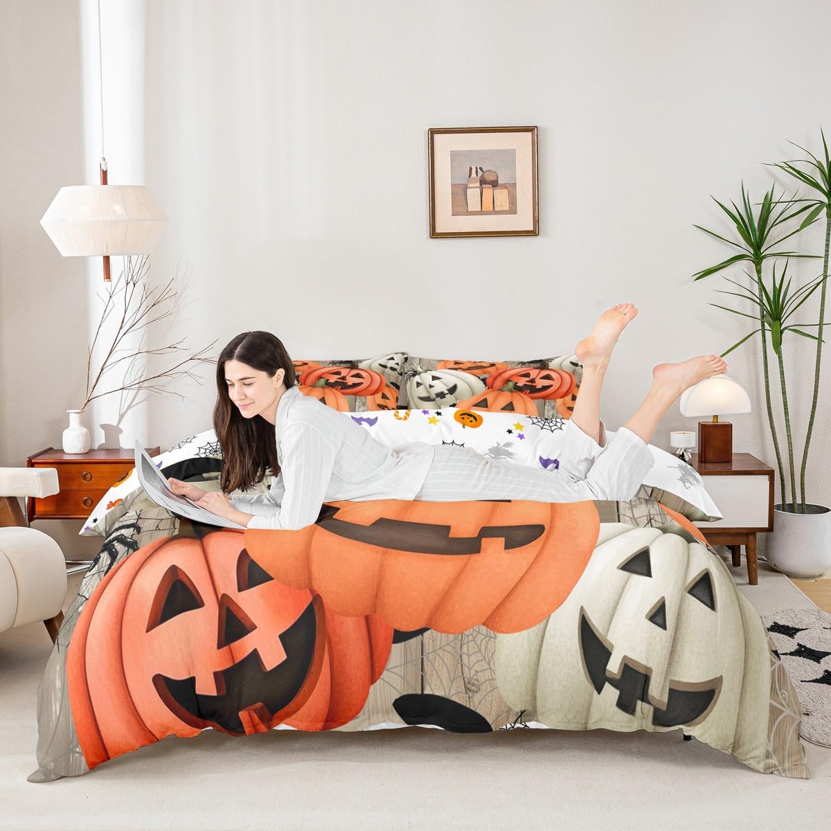 Homewish Halloween dynia poszewka na kołdrę super king śmieszne dynie zestaw pościeli gotycka pajęczyna poszewka na kołdrę dla dzieci chłopców dziewcząt, gotyckie jesienne dynie zestaw pościeli