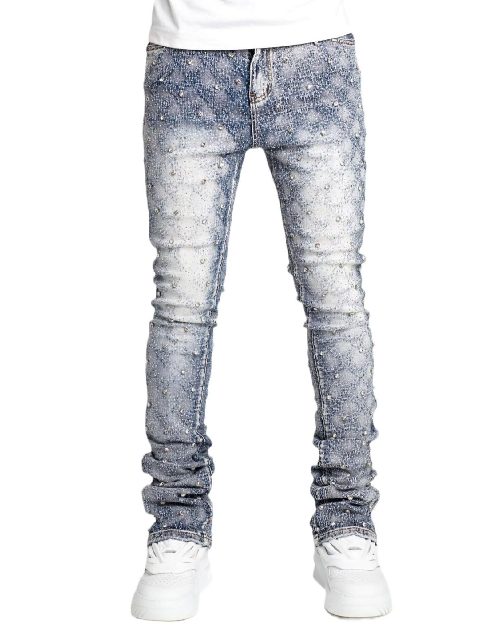 Men Rhinestone Skinny Ripped Jeans Y2k Stretch Slim Fit Stacked Jeans Grunge Denim Pants