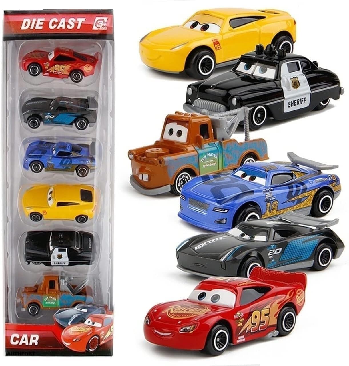 Die Cast Car Set, 6 Pack, Multi-Color Racing Cars with Characters, Sheriff Police Car, Tow Truck, Toy Vehicle Collection