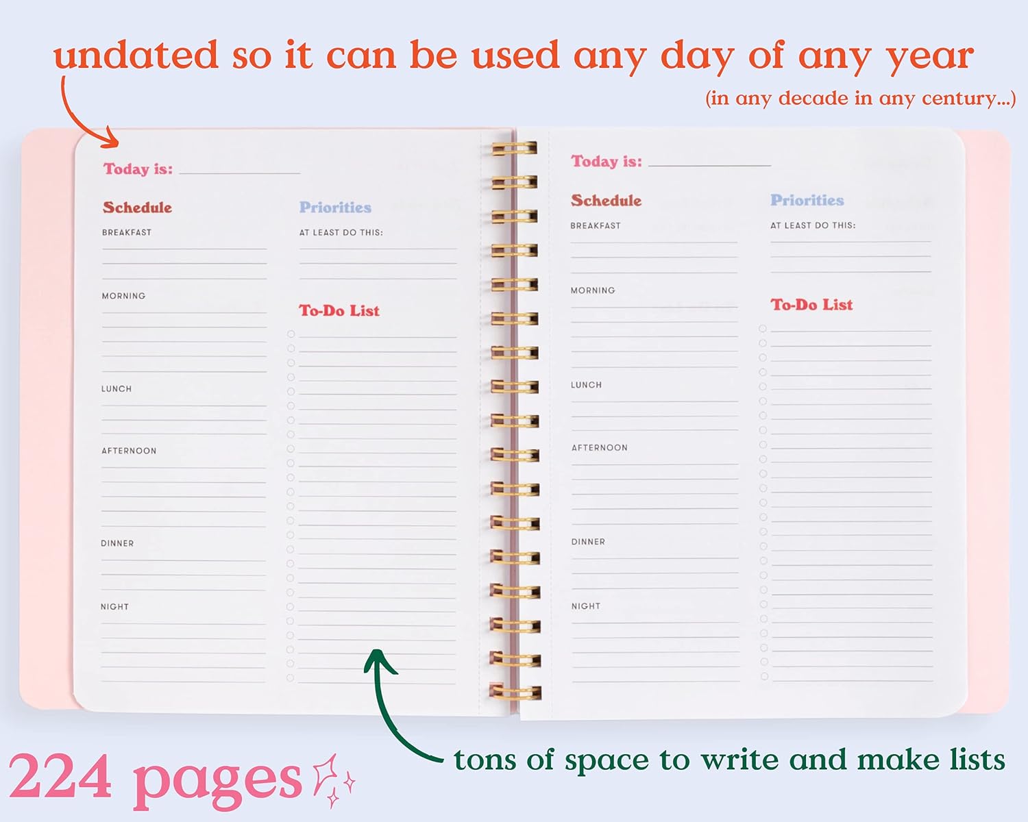 ban.do Undated Daily To Do Planner, Pink Personal Organizer Schedule Planner with Perforated Shopping and To Do Lists, One Day At A Time : Office Products