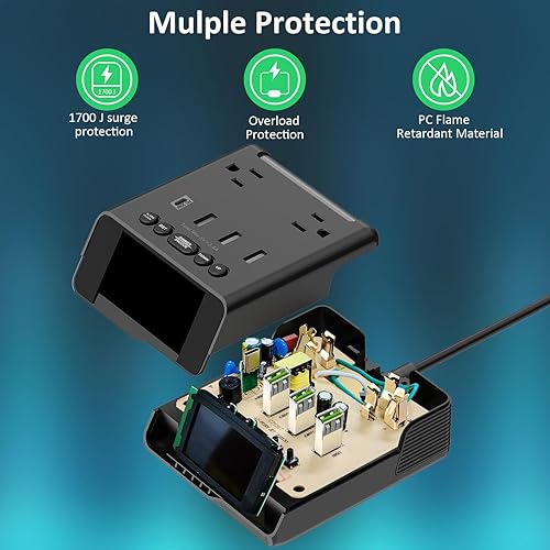 Miniatura 7 de Reloj despertador electrónico con cargador USB, cable de alimentación de 6 pies, estación de carga con 4 puertos USB y 2 tomas de corriente para