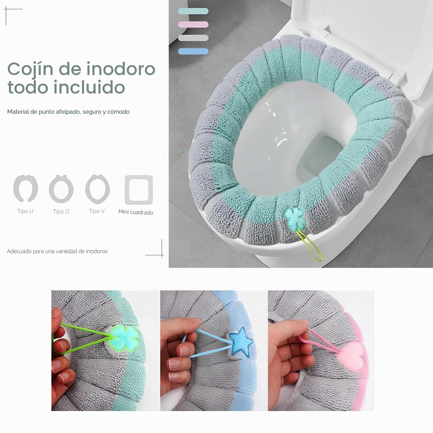 Almohadilla para Asiento de Inodoro Fundas para Asiento de Inodoro con Asa Funda Suave para Tapa de Inodoro del Baño Cojín Más Grueso Elástico Lavable Tamaño Universal (Dos Tonos)