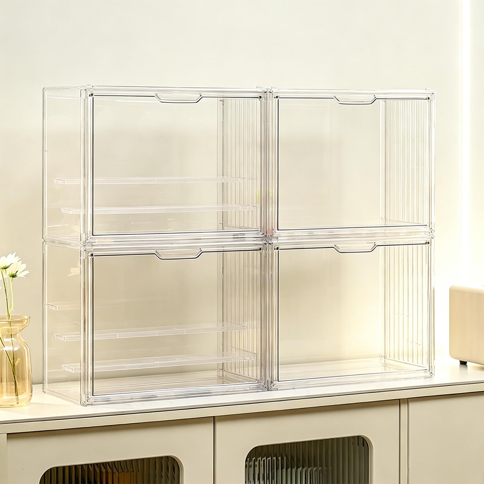 Lot de 2 vitrines transparentes anti-poussière avec couvercles rabattables pour poupées, organisateur de figurines pour cosmétiques, jouets durables pour figurines, modèles de poupées, bijoux à
