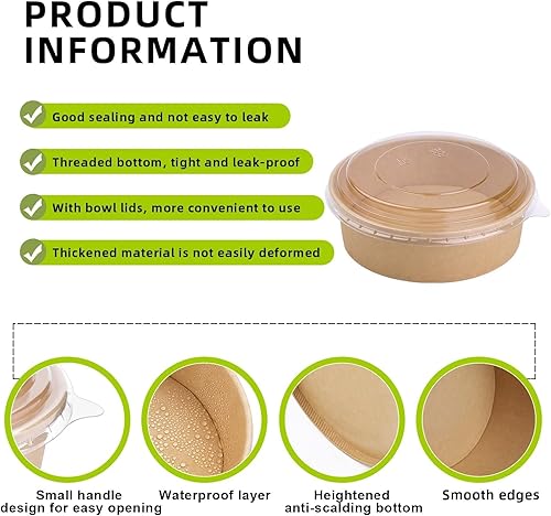 Miniatura 3 de Paquete de 50 cuencos redondos desechables de papel kraft de 17 onzas, recipientes desechables para alimentos con tapas para ensalada dietética,