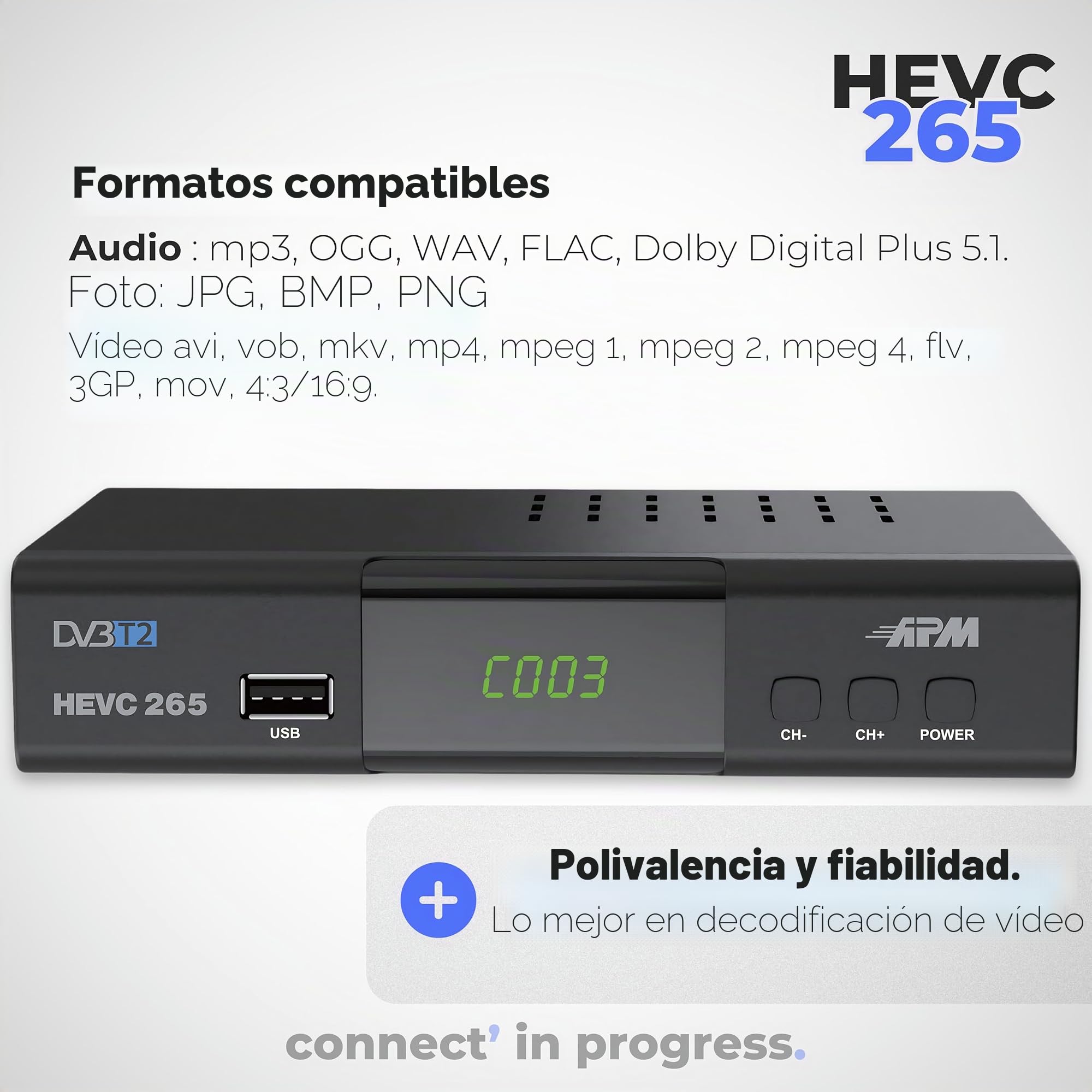 APM Decodificador TNT Full HD 1080p, Sintonizador TNT H.265 HEVC, Control Remoto simplificado, Demodulador DVB-T2 DVB-C Puertos HDMI, Peritel, USB, Coax. Canales Terrestres Gratis Francia Alemania