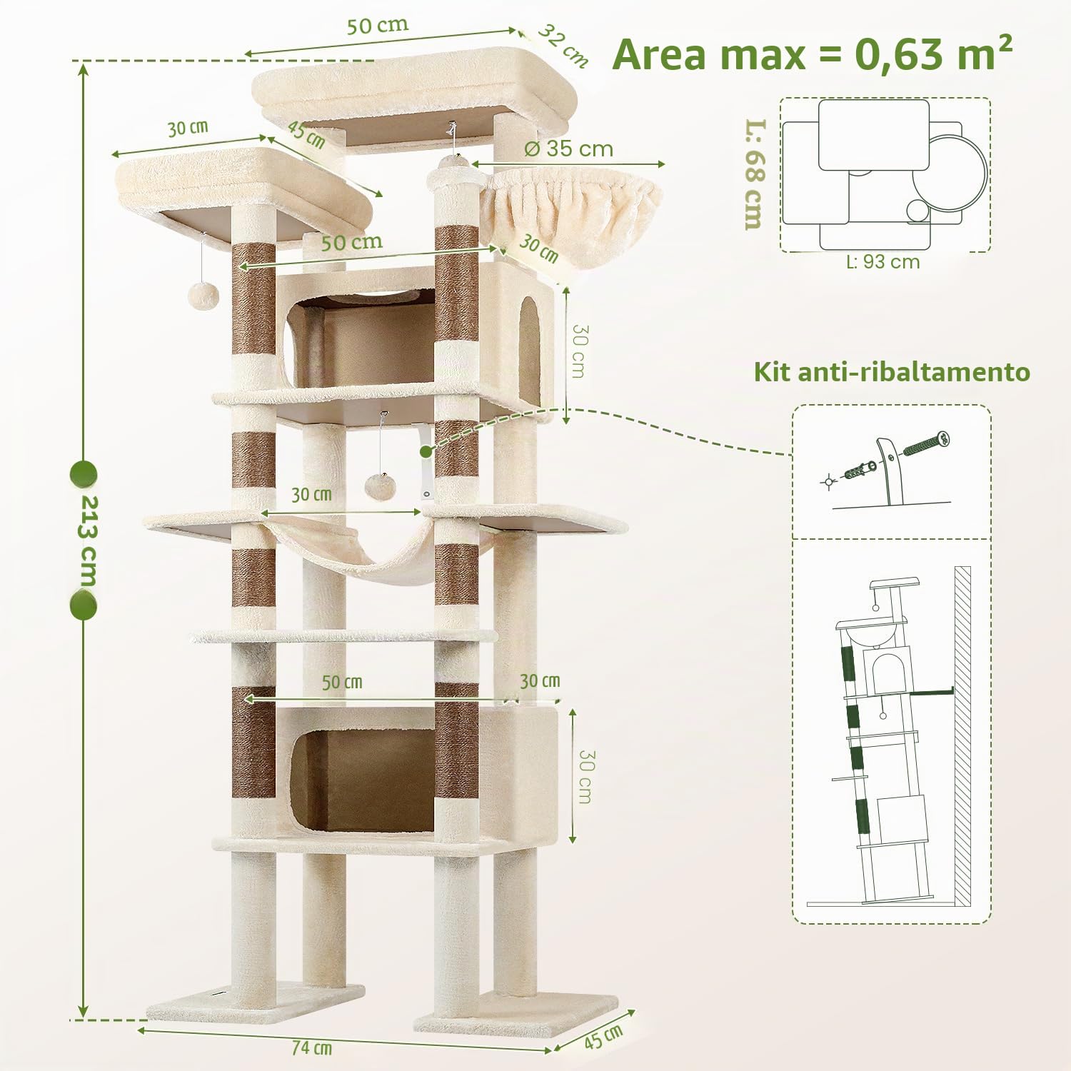 Globlazer Tiragraffi per Gatti Beige XXL, Albero Gatti Alto 213 cm con 2 Grandi Grotte 50*30*30CM, Grande Piattaforma, Trespoli, Amaca, Torre del Gatto Stabile per Grandi Gatto Adulti (F83B, Beige)