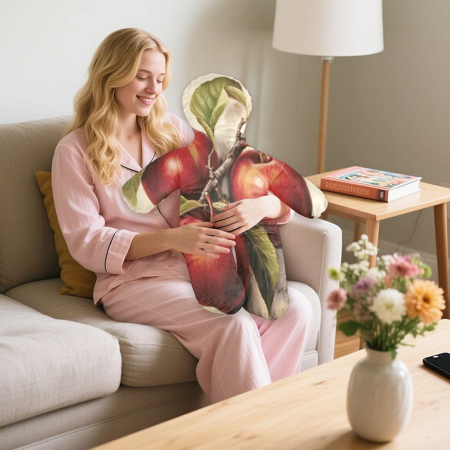 Red Apples Human-Shaped Pillow Soft Body Pillows Washable Velvet Pillows for Anxiety Relief Sleeping Cuddling & Support