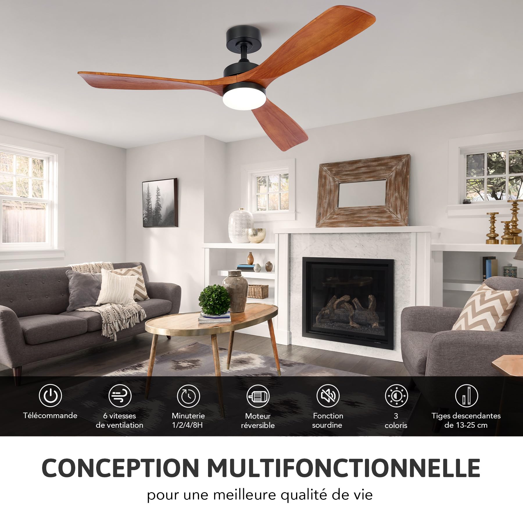 VONLUCE Ventilateur de Plafond avec Lumière Ø132CM 52 Pouces Bois Télécommande 3 Lames Moteur DC Réversible Mode Été-Hiver Silencieux 6 Vitesses 30W Noyer