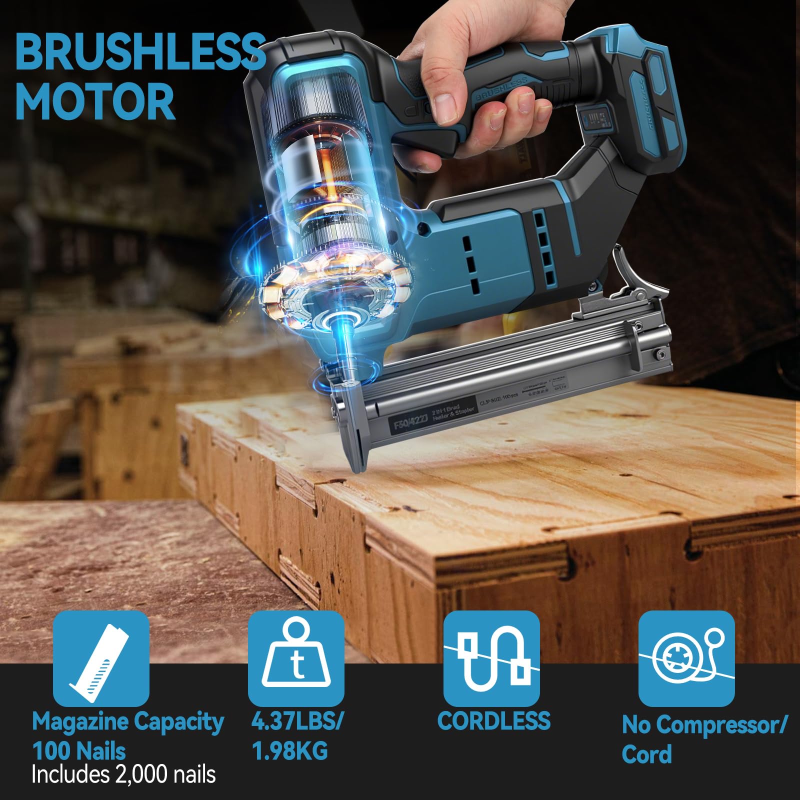 Chiodatrice Brad senza fili per batteria Makita da 18V, Pistola sparachiodi e punti metallici senza fili 2-in-1, Chiodatrice a batteria da 18GA con 1000 chiodi e 1000 punti metallici per miglioramento