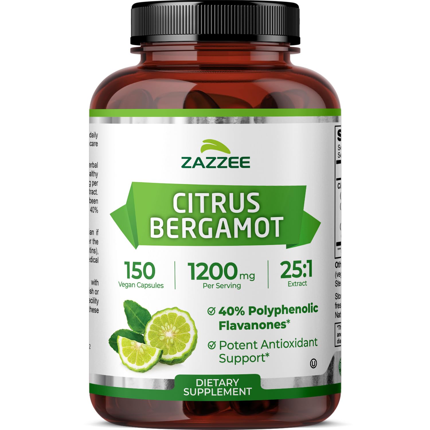 Zazzee Citrus Bergamot 25:1 Extract, 1200 mg Per Serving, 40% Polyphenolic Flavanones, 150 Vegan Capsules, 5 Month Supply, Citrus Bergamia, Antioxidant Support, Certified Kosher, Non-GMO, Made in USA