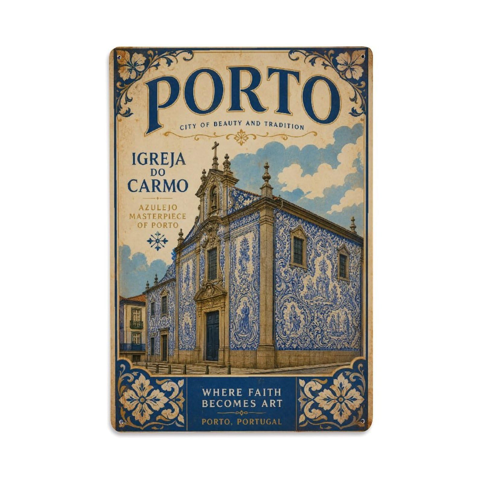 Yrnq 08X12inch Vintage Style Vintage Igreja Carmo Azulejo Facade Blue Tiles Portugal Metal Tin Sign