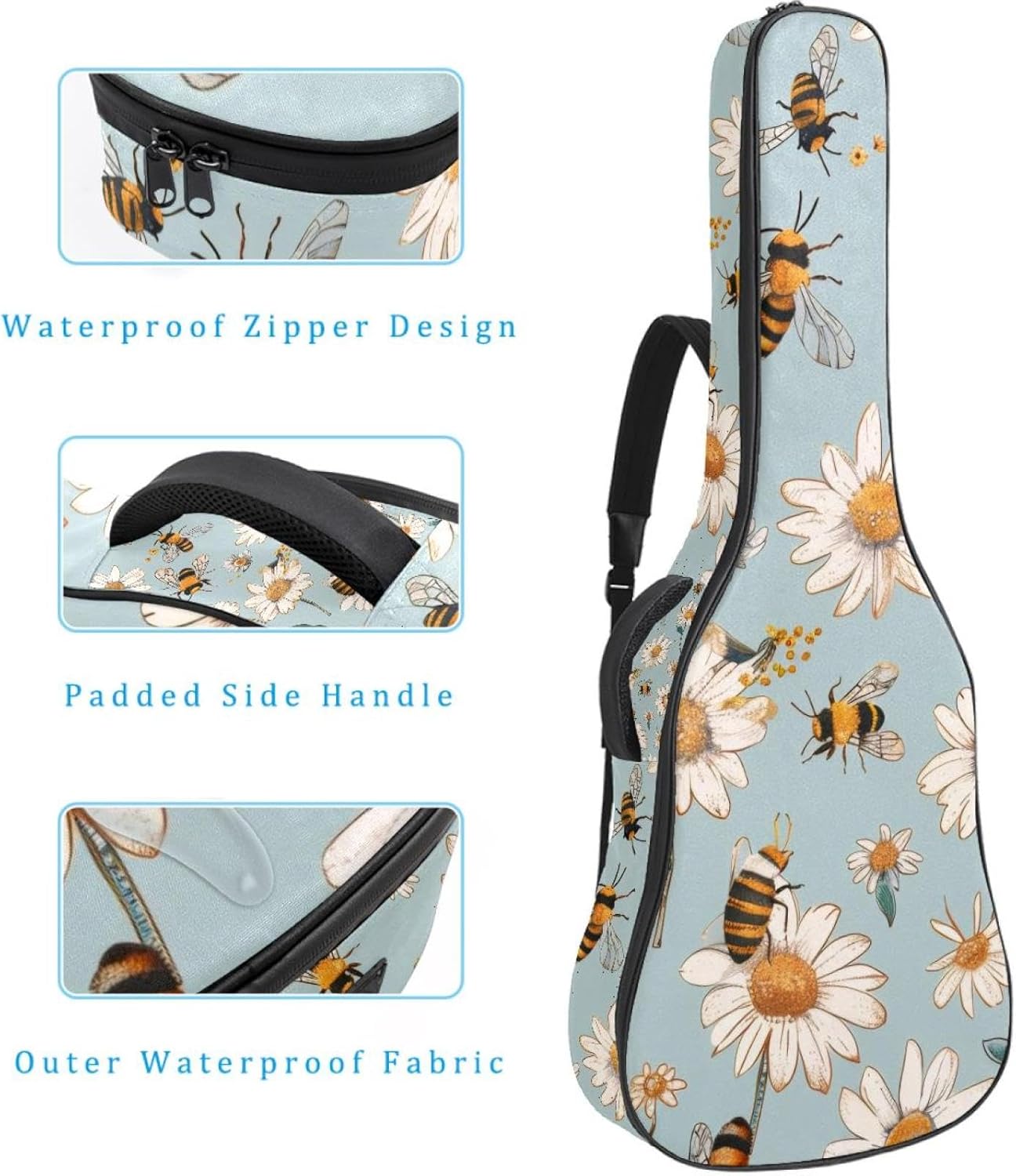 40 41 42 Inch Guitar Bags, Waterproof Padded Acoustic Guitar Case Backpack with Adjustable Shoulder Strap & Pockets, Cute Bees and Daisy Flowers Leaves