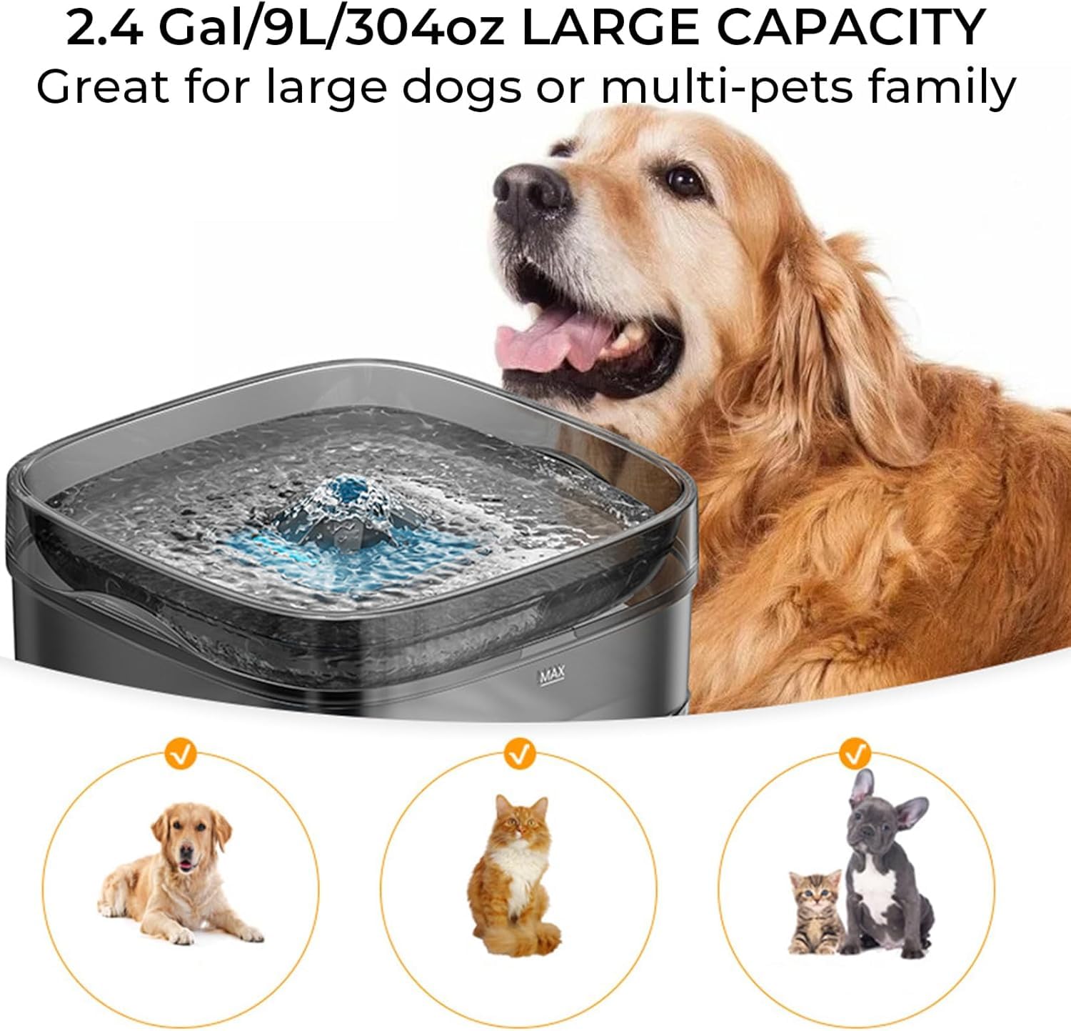 Fuente De Agua para Perros Grandes, Dispensador Automático De Agua para Mascotas De 304 Oz/2.4 GAL/9 L, Fuente Ultrasilenciosa para Gatos con 4 Filtros De Repuesto.