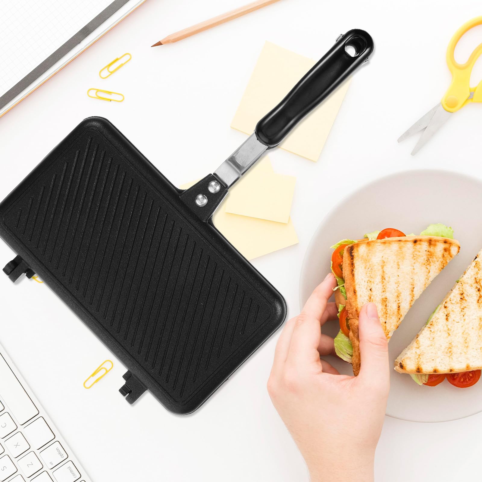 IMIKEYA Sartén Doble Cara para Sándwiches Cierre y Mango Largo Negro