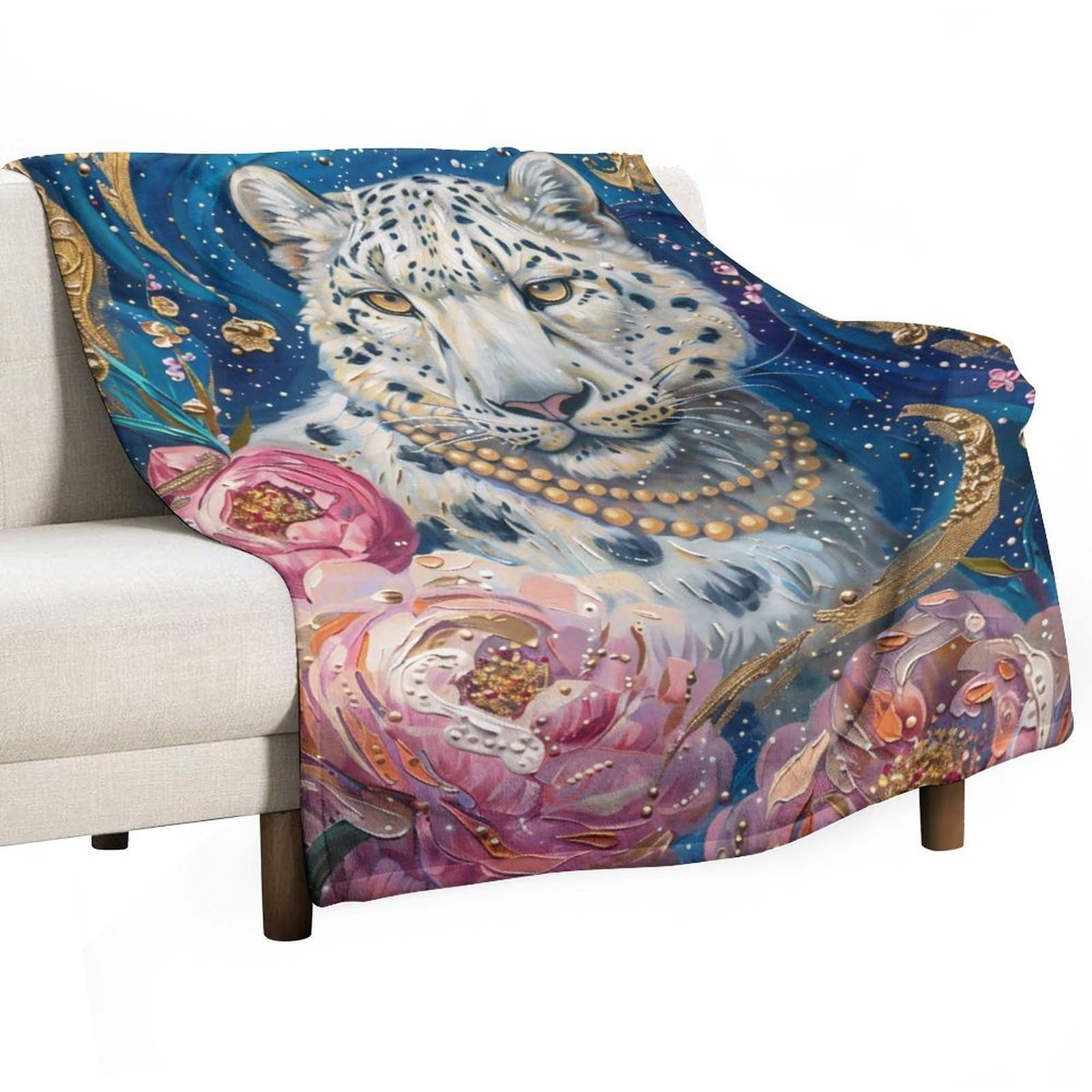 YHGSREUOH Opulent Snow Leopard with Pink Peonies 03 Flannel Blankets Fleece Soft Throw Lightweight Plush Gifts for Couch, Bed, Cozy Sofa Plush, Chair, Lovers 80x100cm(30x40in)
