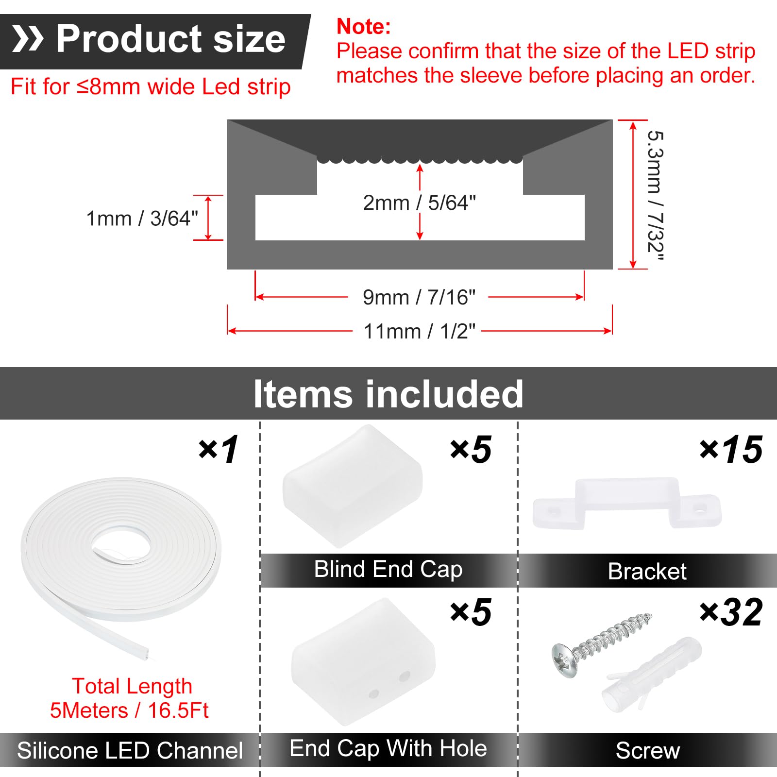 PATIKIL Kanał dyfuzora LED, 20 m, 8 mm, silikonowy system kanałów LED z pokrywą, zaślepki do instalacji taśm świetlnych LED, kanał pasków świetlnych