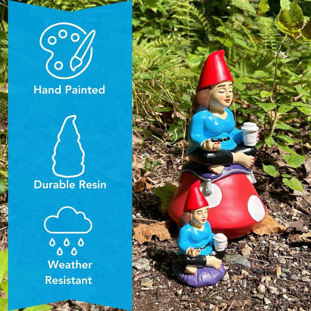 Gnometastic Lady Zen Gnome Statue - 8.8in Funny Garden Gnome Outdoor Decoration for Yard, Patio, Lawn Ornament, Yoga, Drinking Coffee Figurine for Home Decor, Gifts