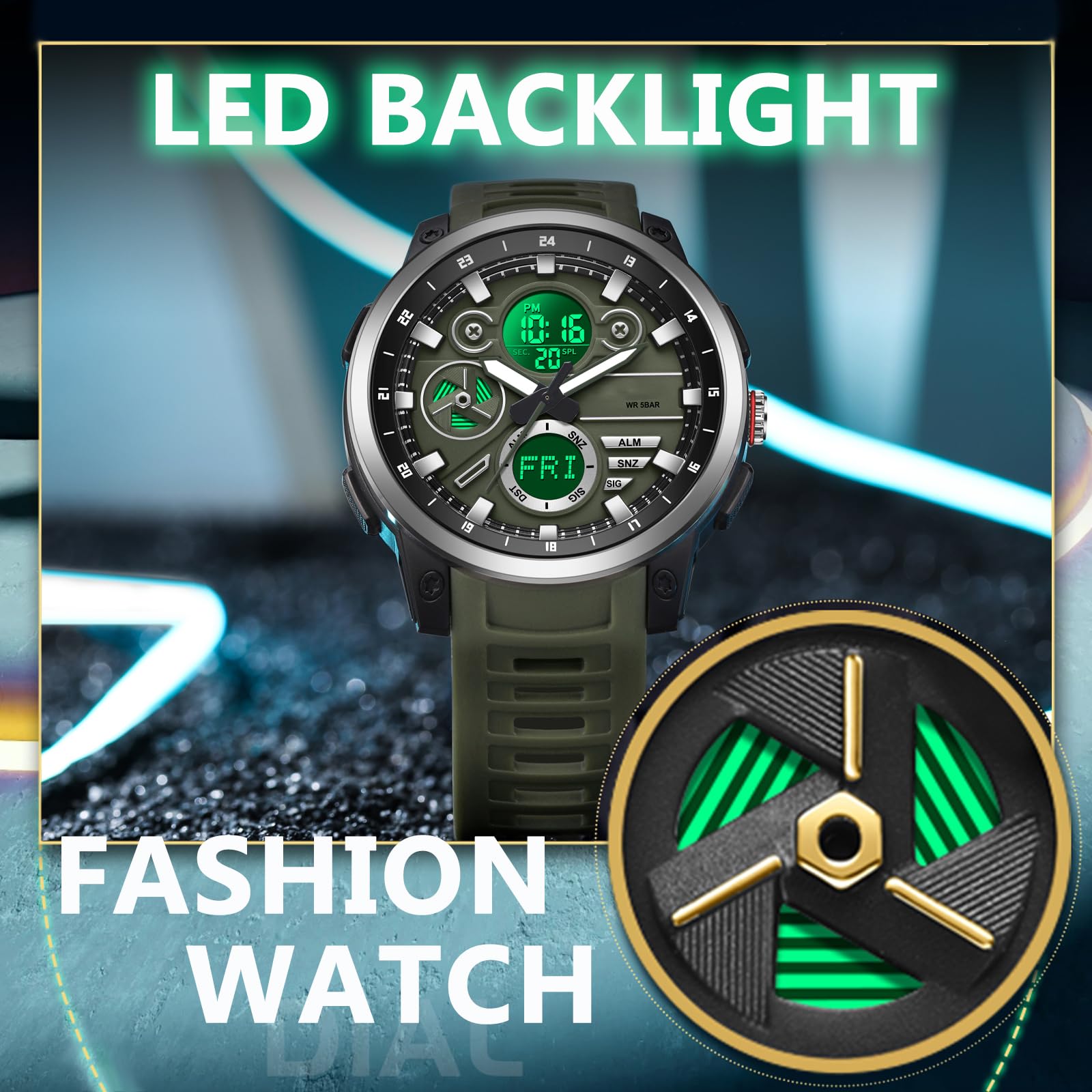 findtime Montre numérique tactique militaire pour homme - Étanche jusqu'à 5 ATM - Montre de sport analogique avec 12/24 h, rétroéclairage LED, alarme, chronomètre, compte à rebours
