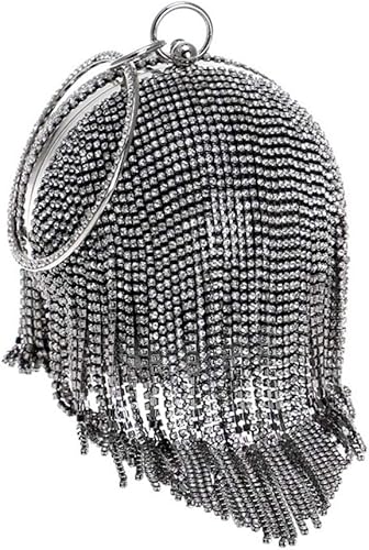 Miniatura 2 de UMREN Bolso de mano redondo para mujer, diseño de bola de cristal, borla para fiesta de boda