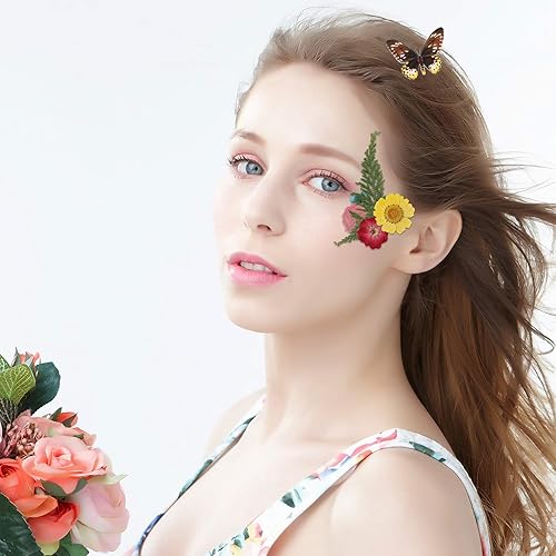 Miniatura 6 de Augshy Juego de flores secas prensadas reales con calcomanías transparentes de mariposa, calcomanías para álbumes de recortes, flores secas