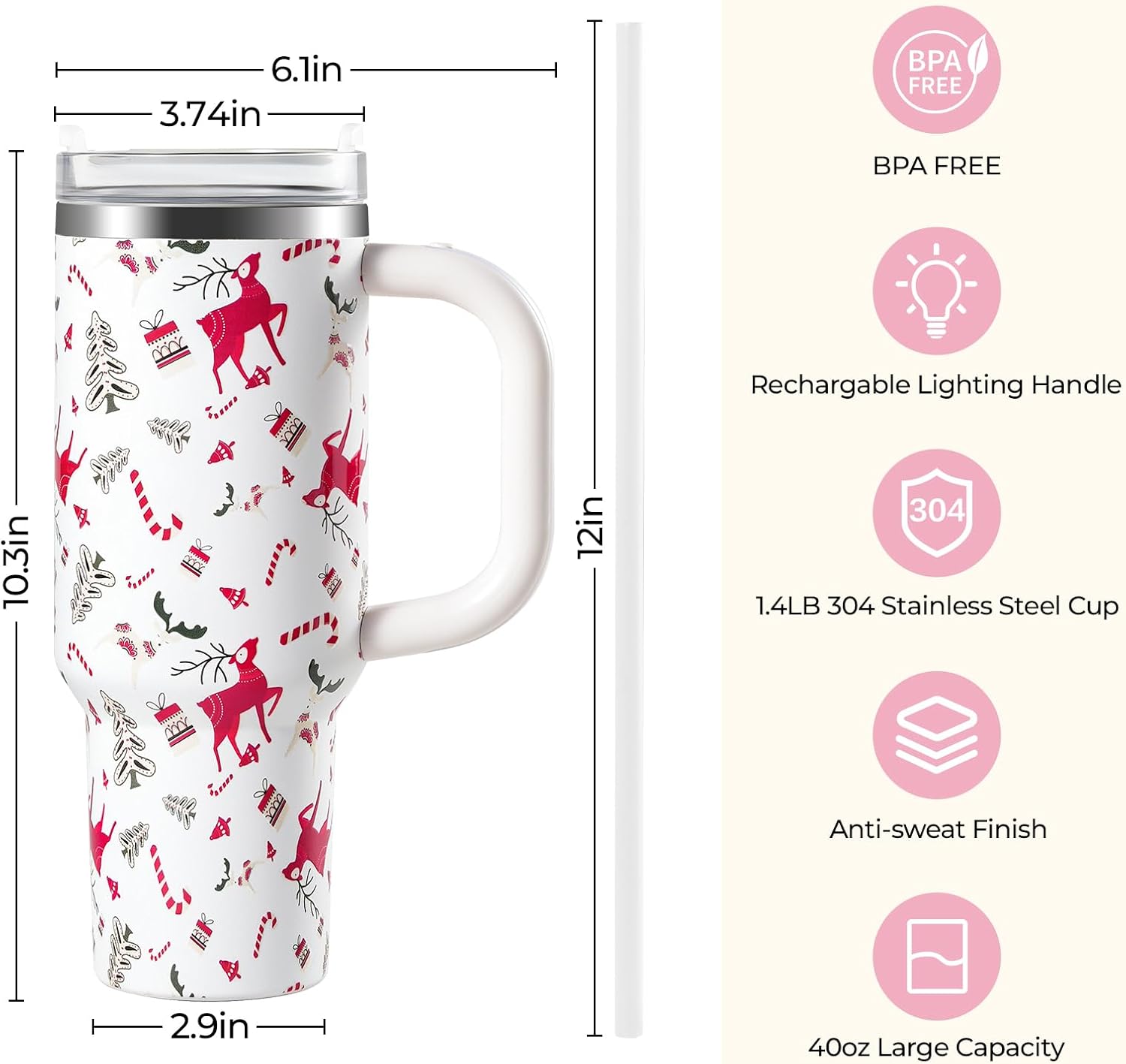 40oz Christmas Tumbler with Rechargeable LED Light-Up Handle - Stainless Steel Vacuum Insulated Cup with Lid & Straw - Ideal for Water, Iced Tea, Coffee - Christmas Gift (Reindeer) - Image 4