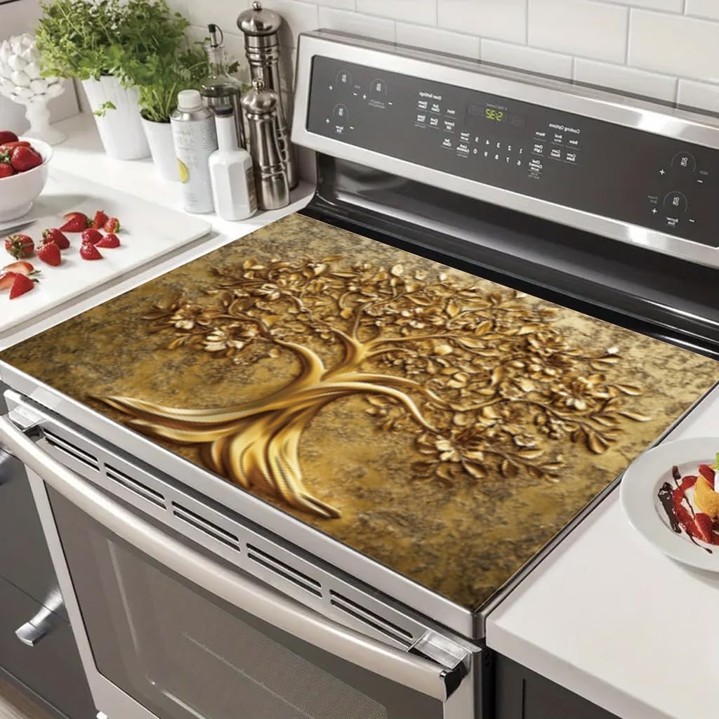 2D Flat Stove Top Cover Protector 28 x 20 Inch Gold Tree of Life Floral Cooktop Cover Elegant Botanical Kitchen Decor Glass Stove Guard Counter Mat