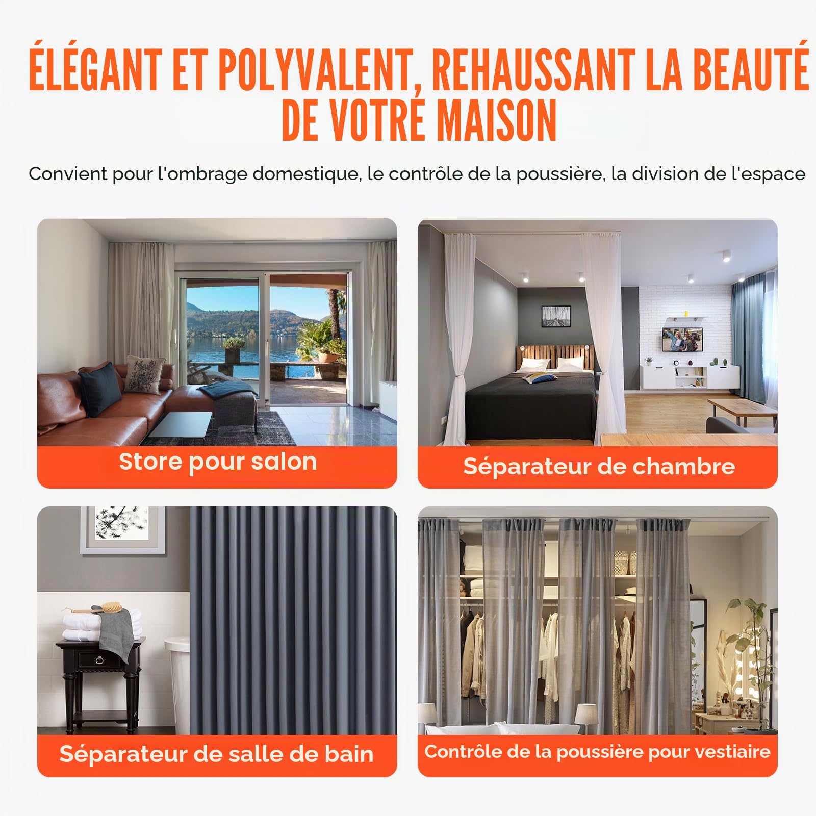 VEVOR Ensemble de rails de rideaux de plafond, 5,4 m, système de rails de plafond coulissants pour rideaux, séparateur de pièce fixé au plafond/au mur pour chambre avec crochets, quincaillerie, blanc