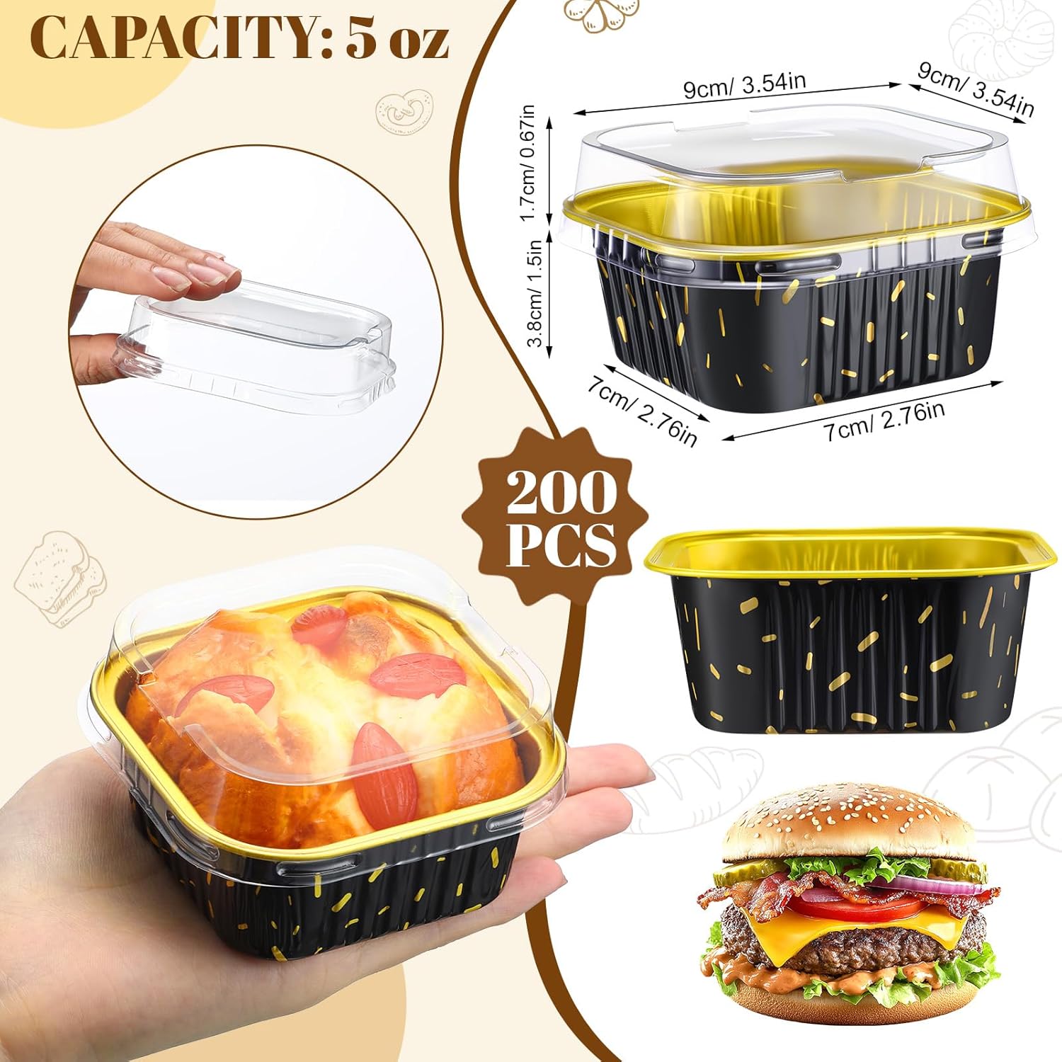 200 Pack 5 oz Mini Cake Pans with Lids, Aluminum Foil Mini Baking Tins, Square Disposable Cupcake Baking Cups Dessert Containers for Christmas Wedding Birthday Winter Party(Black,Stylish) - Image 2