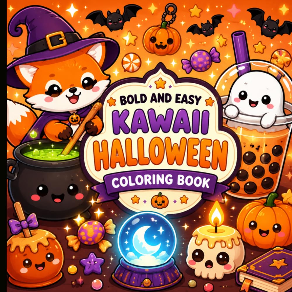 Bold and Easy Kawaii Halloween Coloring Book: Cute Spooky Scenes with Pumpkins, Ghosts, and Cozy Autumn Vibes.