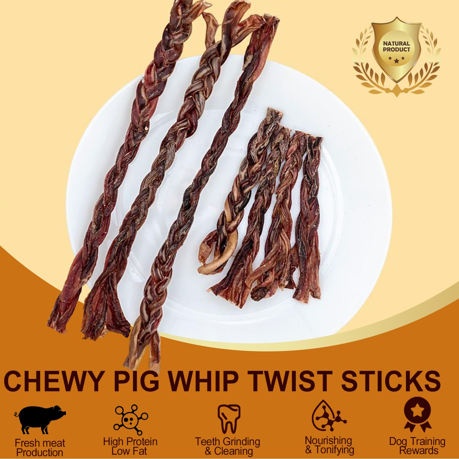 3 Pieces Pork Whip Dog Treats 28cm Each 60g Total Snacks for Heavy Chewing Dogs