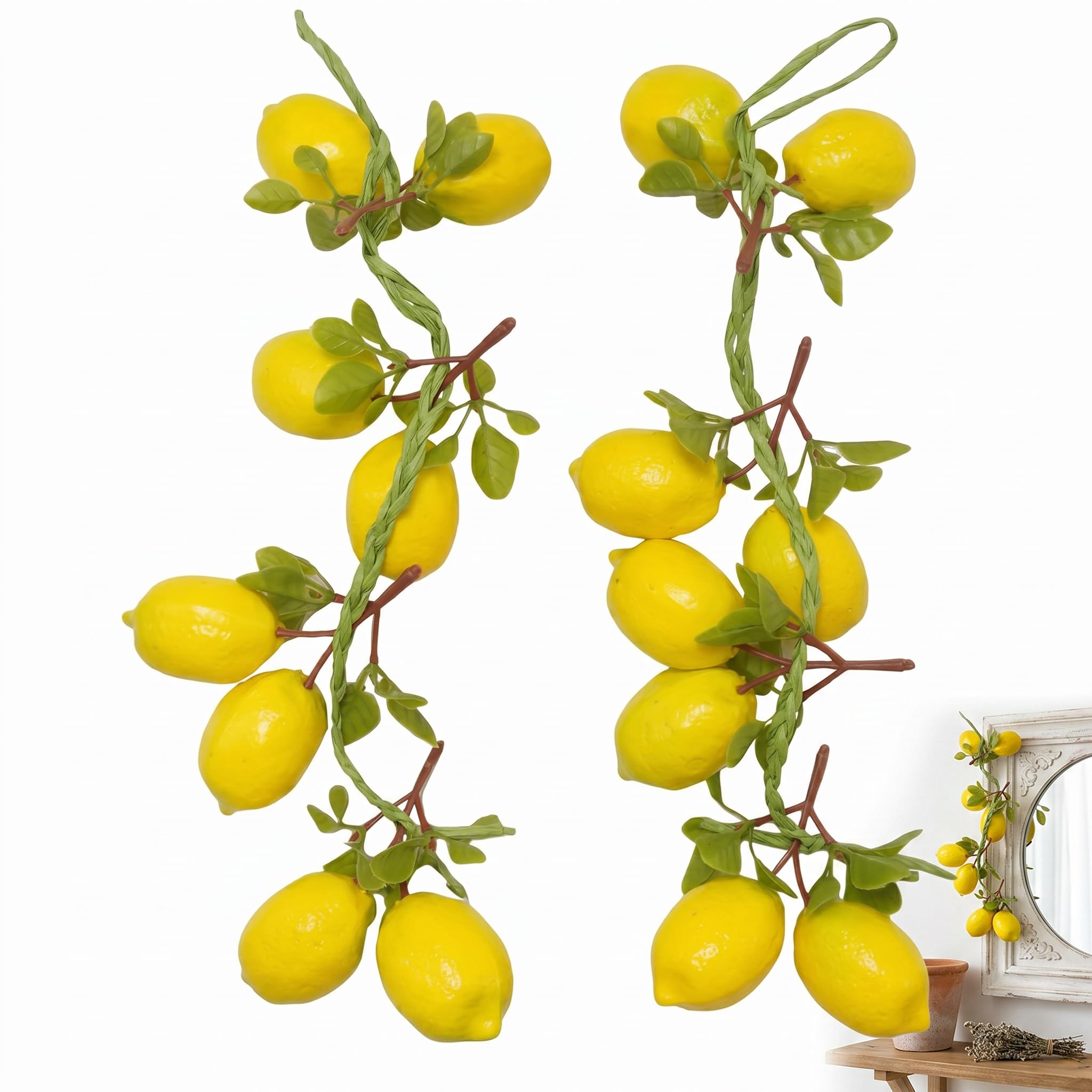2Pcs Artificial Lemon Branches, 55cm Artificial Fruit Wreath Simulation Lemons Lifelike Fake Lemon Garland with Green Leaves Yellow Fake Fruit Branches Hanging Decor for Spring Summer Home Decoration