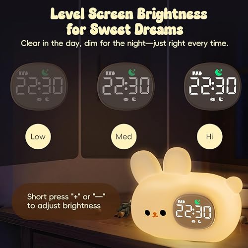Miniatura 6 de Reloj despertador de conejo con luz nocturna para niños con entrenamiento del sueño y máquina de sonido, lámpara de silicona recargable para