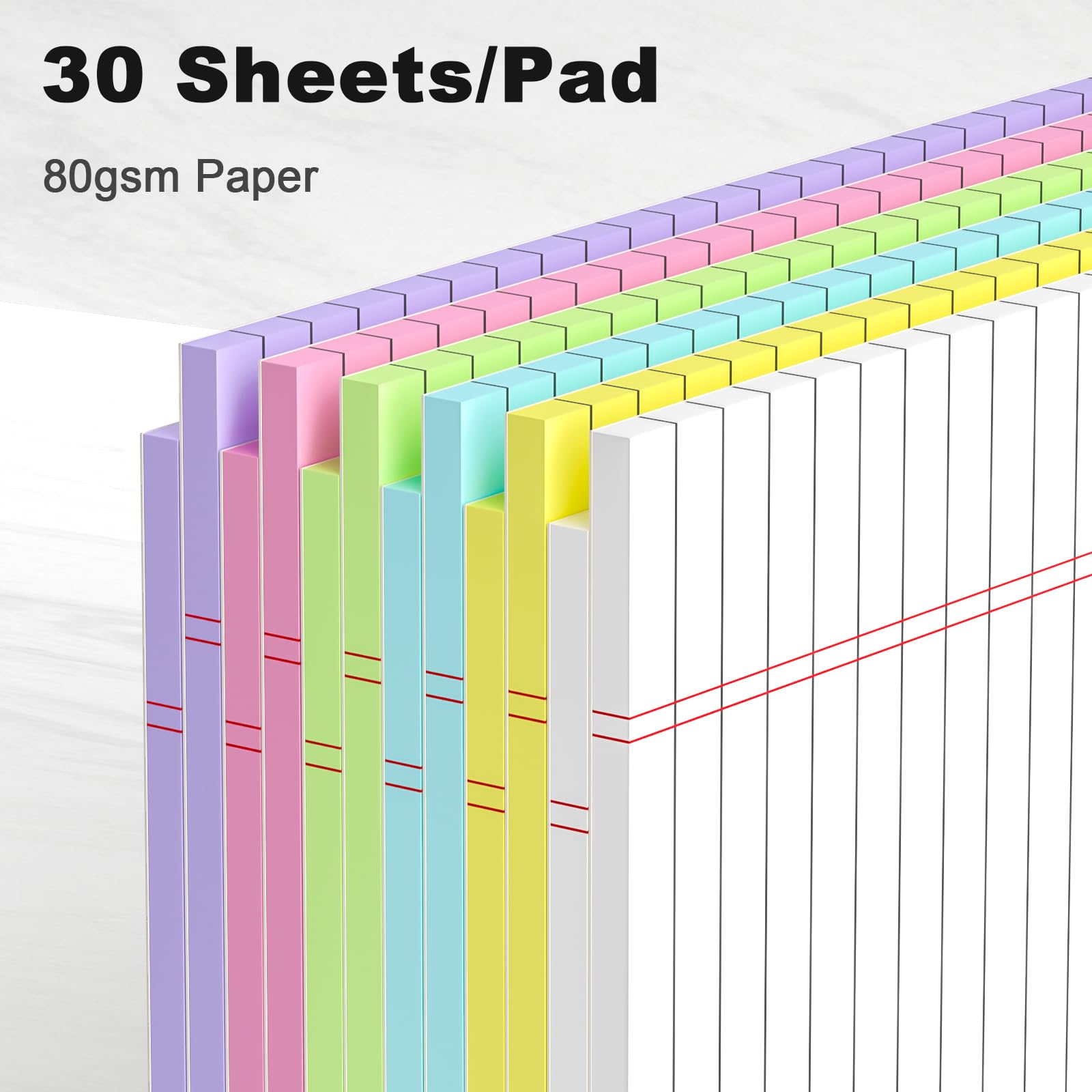 AILZFEI Legal Pads - Blocco note a righe larghe, 21 x 28 cm, 30 fogli/blocchetto, carta colorata da 9,1 kg, blocco note perforato con retro robusto, rosa, viola, giallo, verde, blu, bianco