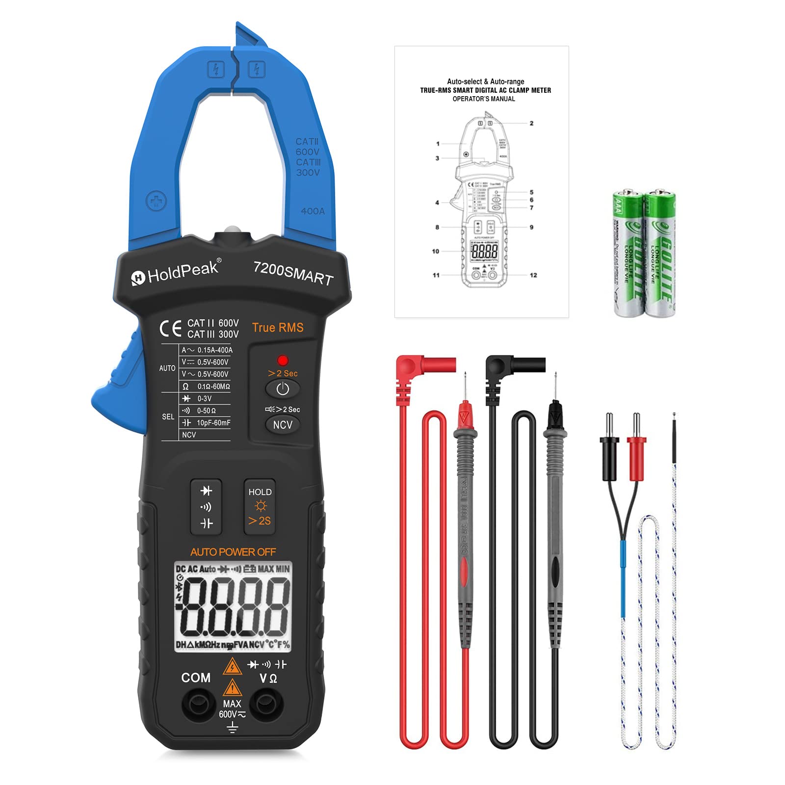 Smart Digital Clamp Meter 6000 Counts Auto-Ranging True RMS - AC/DC Voltage, Current, Resistance, Capacitance, NCV, Diode Test, with Flashlight, LCD Backlight, Data Hold & Auto-Off (7200SMART, Blue)