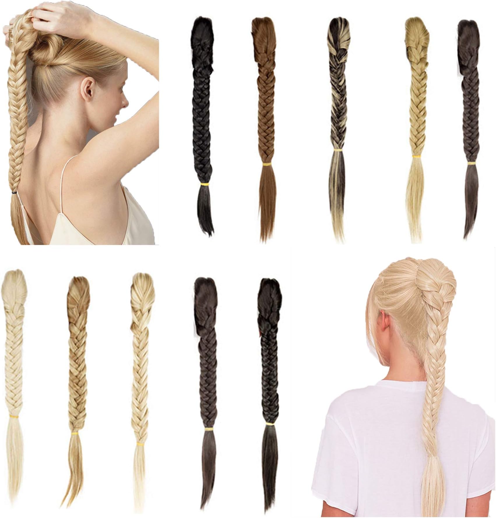Hioffer 21 Inch Fishtail Braid Extension Clip in Hairpiece Long Synthetic Braiding Ponytail with Claw Jaw