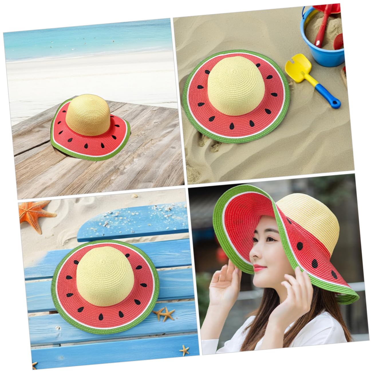 Abaodam Sombrero de Paja para Niña Diseño de Fruta Sandía, ala Ancha, Transpirable y Plegable para Actividades al Aire Libre en Verano