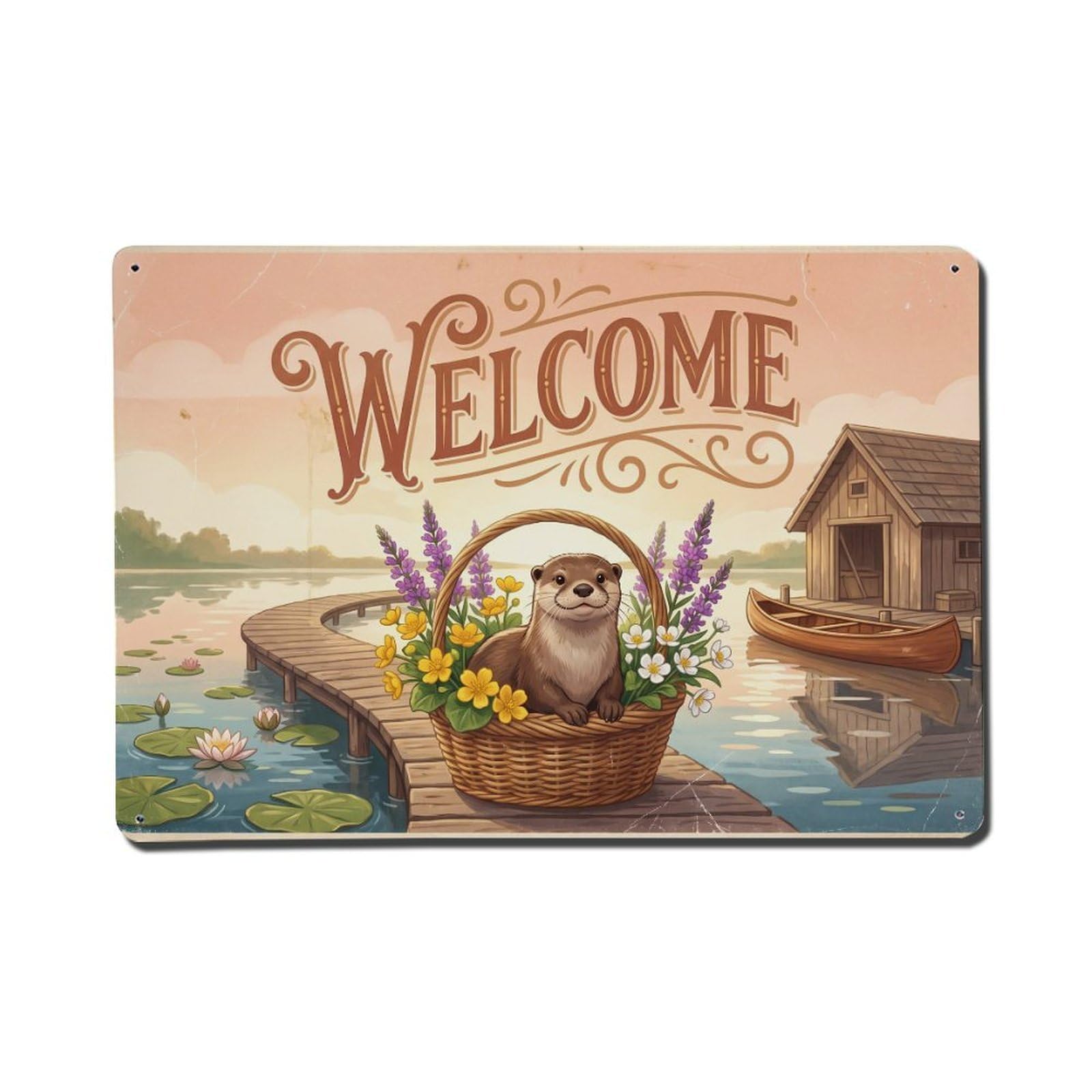 Vintage Welcome Otter Woodland Friends Metal Tin Sign