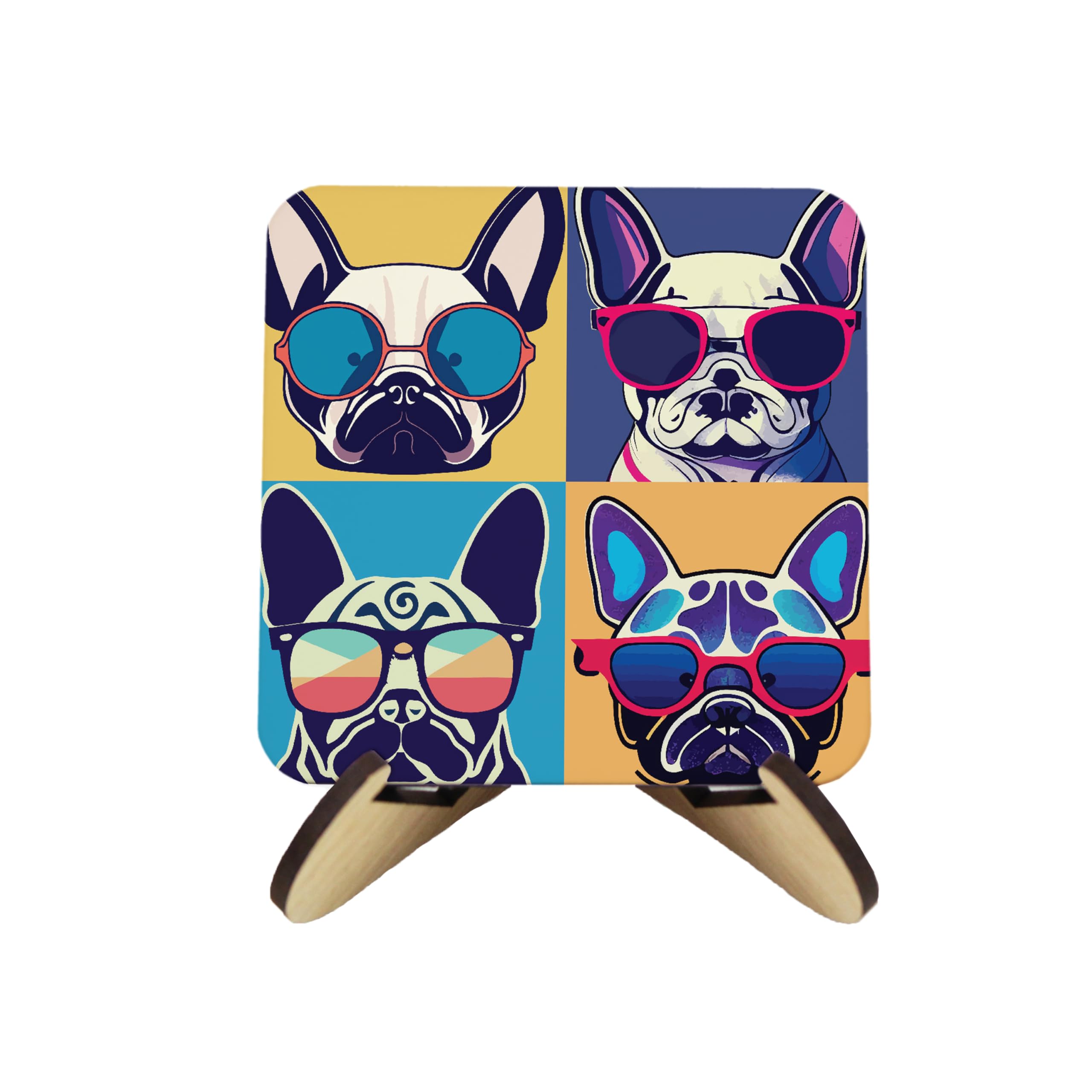 Frenchie Cork Coaster Set - Cool Pets French Bulldog Dog Gift - Set of Four (4) Square Drinks Coasters & Wood-Effect Stand