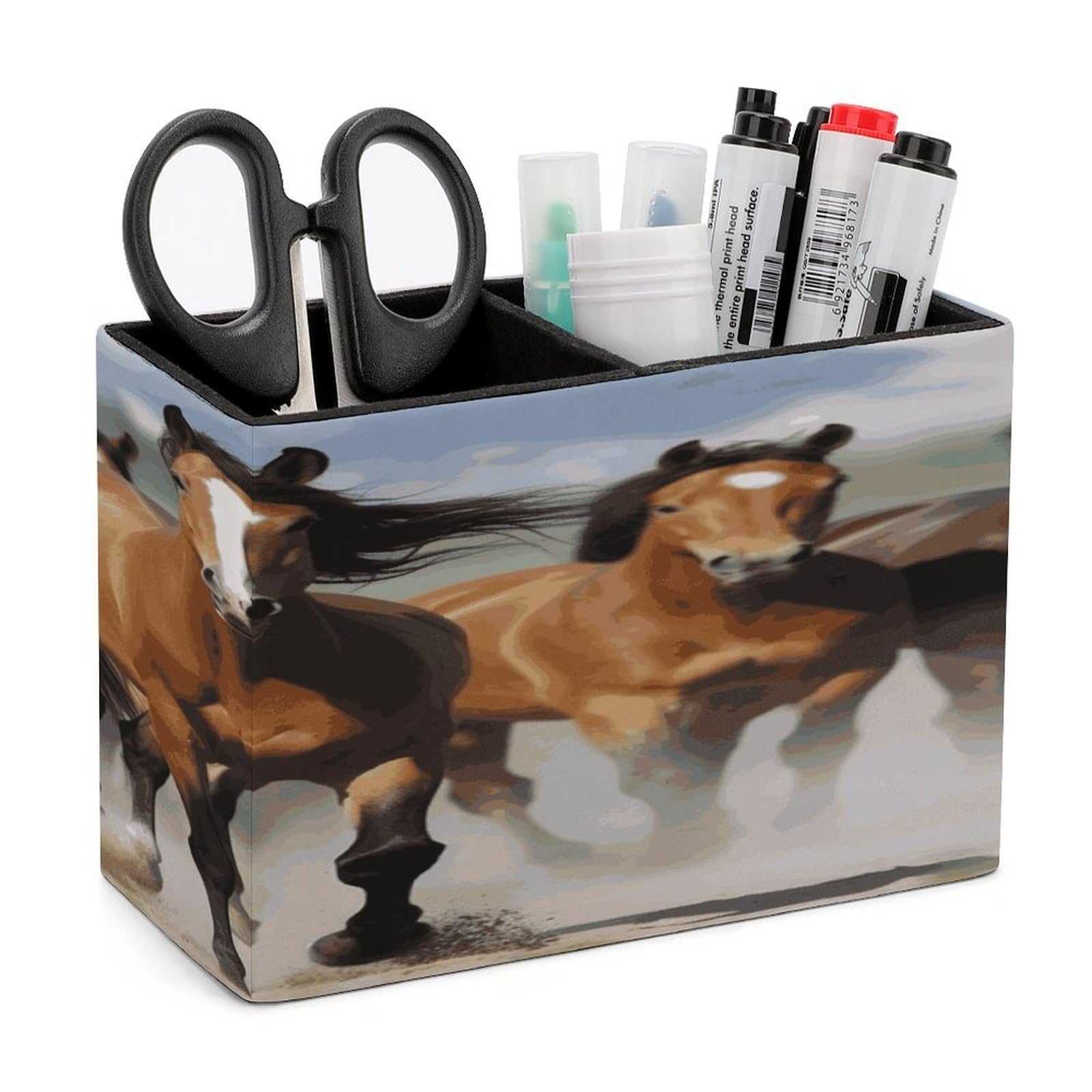 VstaDank Horses Pen Holder Double Compartments Pen Cup Fashion Makeup Brush Holders Leather Pencil Holder for Work Locker Accessories Modern Pencil Cup for Desk Organizer