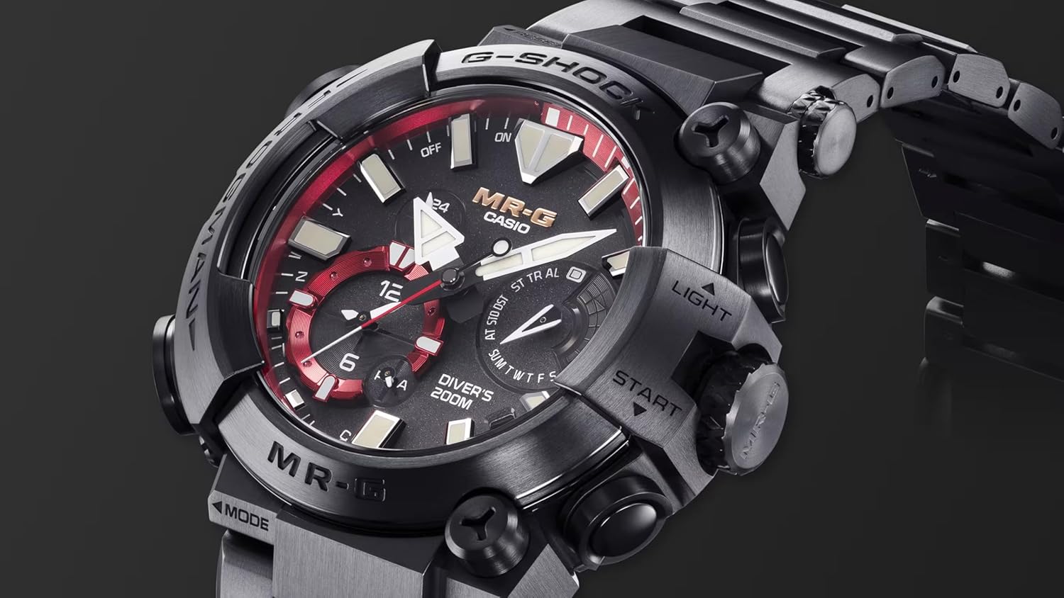 G-Shock MRGBF1000B-1A MR-G Frogman Diver's Watch, 200M Water Resistant, Titanium Case and Band, Bluetooth, Solar Powered, Black/Red