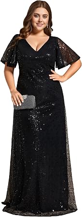 Ever-Pretty Womens Elegant V Neck Sequin Short Sleeves A Line Floor Length Plus Size Formal Dresses Evening Gowns