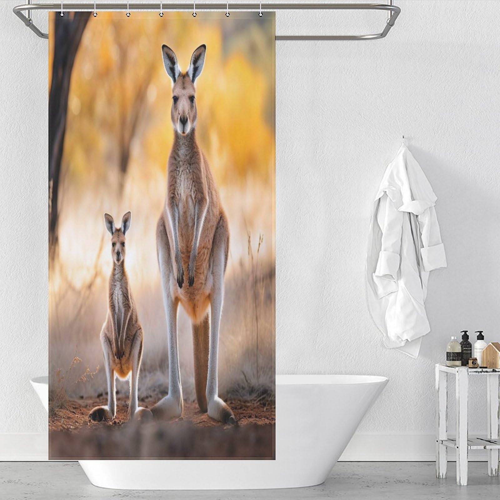 Rideau de douche kangourou en tissu lavable pour une salle de bain familiale ludique et sèche