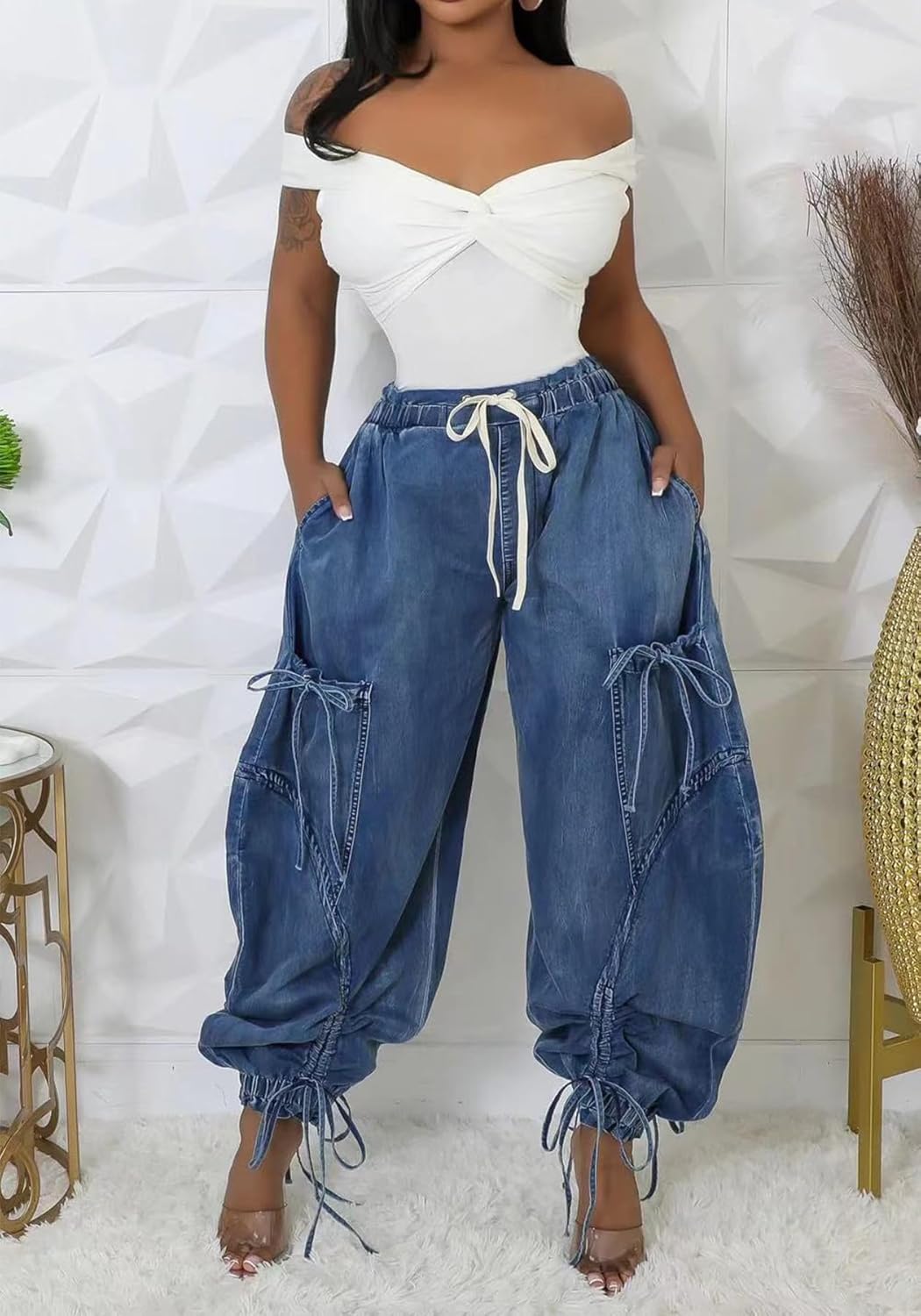 Women's Barrel Pants Y2k Baggy Cargo Jeans High Waisted Bow Tie Denim Pants with Drawstring Streetwear