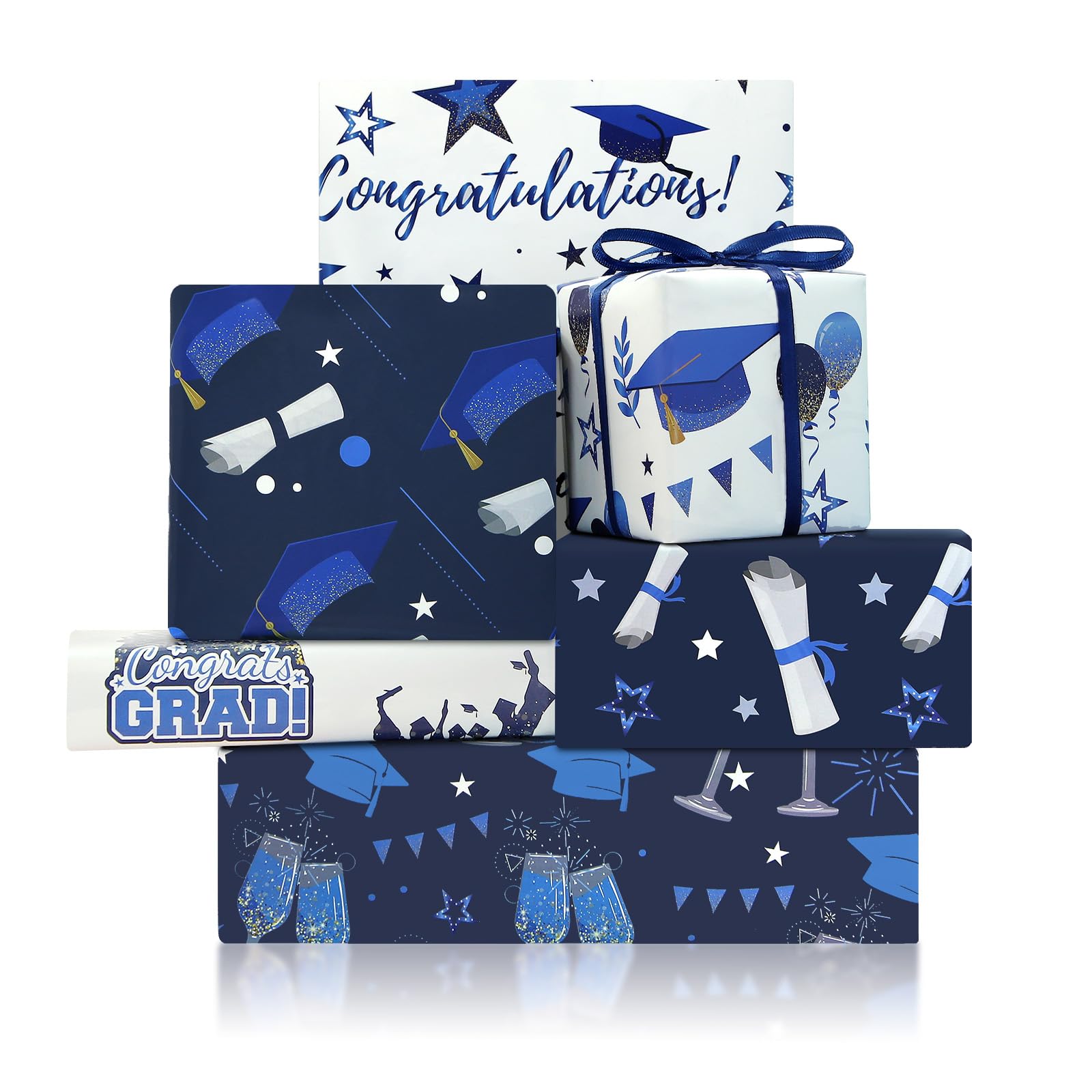 2026 Graduation Wrapping Papers, 6 Sheets Blue and White Grad Gift Wrap, 50x70cm per Sheet with 1 Roll Blue Ribbon for Ceremony Party Grade Class Celebrations Graduation Supplies Decorations