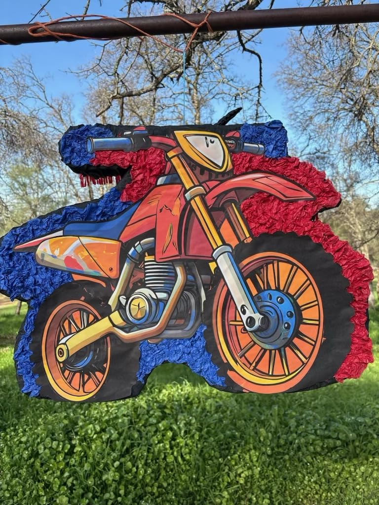 Dirt Bike Birthday Pinata Party Decoration, large 17" x 23" Red and Blue Party Decoration, Motorcycle Design